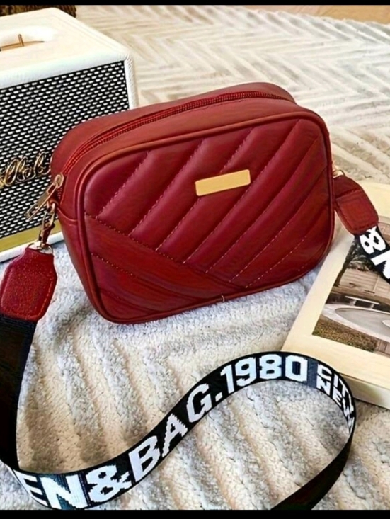 Handbags - Quilted Burgundy Crossbody Bag with Branded Strap
